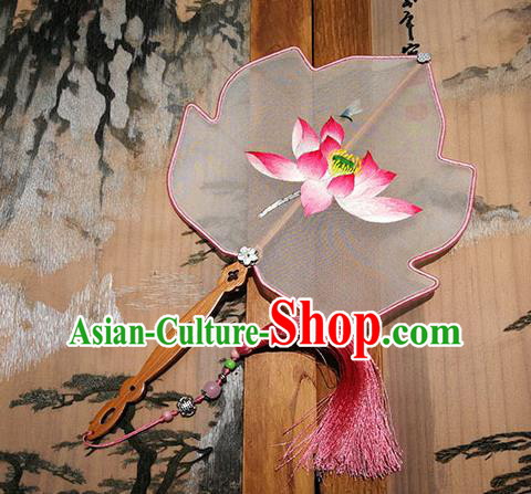 China Traditional Hanfu Fan Handmade Silk Fans Palace Fan Embroidered Pink Lotus Fan