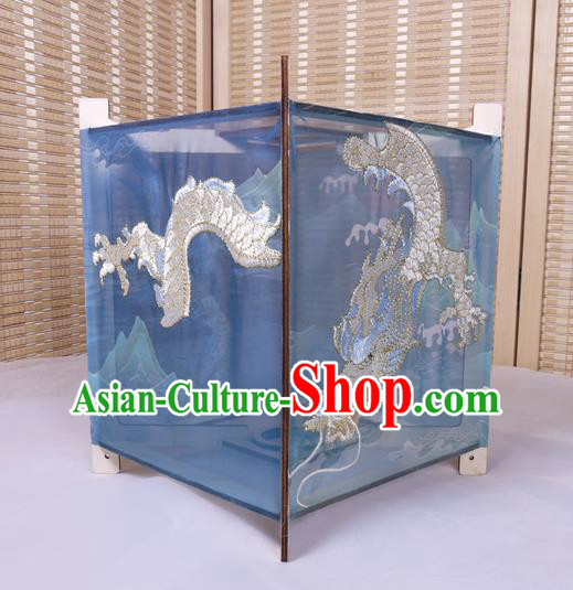 China Handmade Embroidered Dragon Lamp Traditional Spring Festival Desk Lantern Classical Blue Cloth Palace Lantern