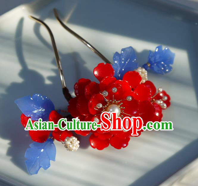 China Ming Dynasty Hair Comb Ancient Palace Princess Red Begonia Hairpin