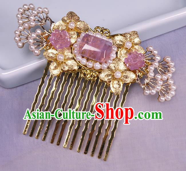 China Tang Dynasty Amethyst Hair Comb Ancient Palace Princess Golden Hairpin