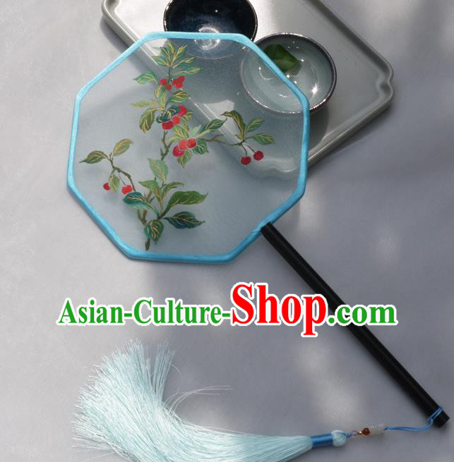 China Handmade Embroidered Cherry Palace Fan Classical Silk Fan Traditional Hanfu Octagon Fan