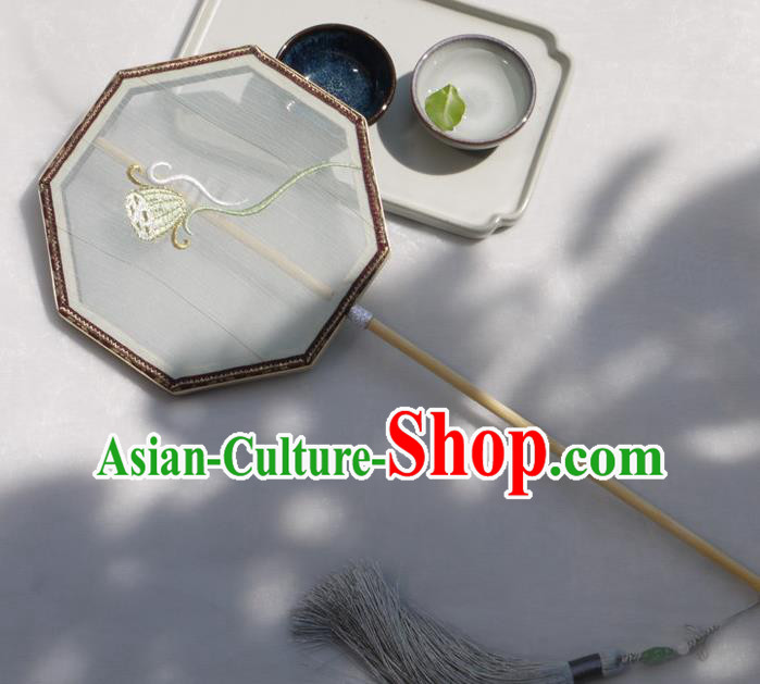 China Traditional Hanfu Octagon Fan Handmade Embroidered Lotus Palace Fan Classical Silk Fan