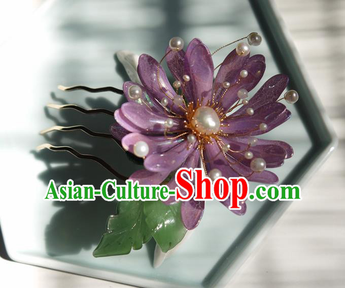 China Handmade Purple Chrysanthemum Hair Comb Traditional Hanfu Pearls Hairpin Hair Accessories