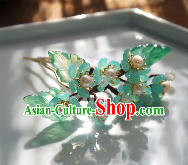 China Traditional Ming Dynasty Hanfu Pearls Hairpin Hair Accessories Handmade Ancient Princess Green Plum Hair Stick