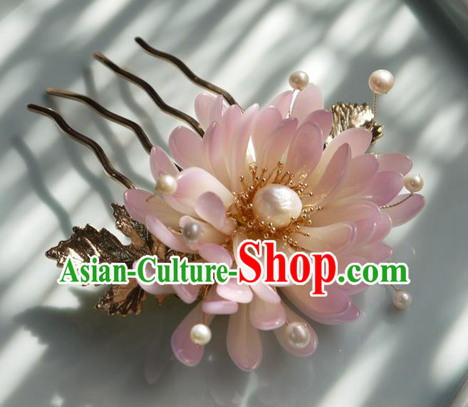 China Traditional Hair Accessories Ming Dynasty Hanfu Pearls Hairpin Handmade Ancient Princess Pink Chrysanthemum Hair Comb