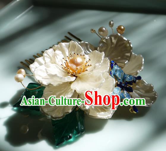 China Handmade Ancient Princess Shell Gardenia Hair Comb Traditional Ming Dynasty Pearls Hairpin