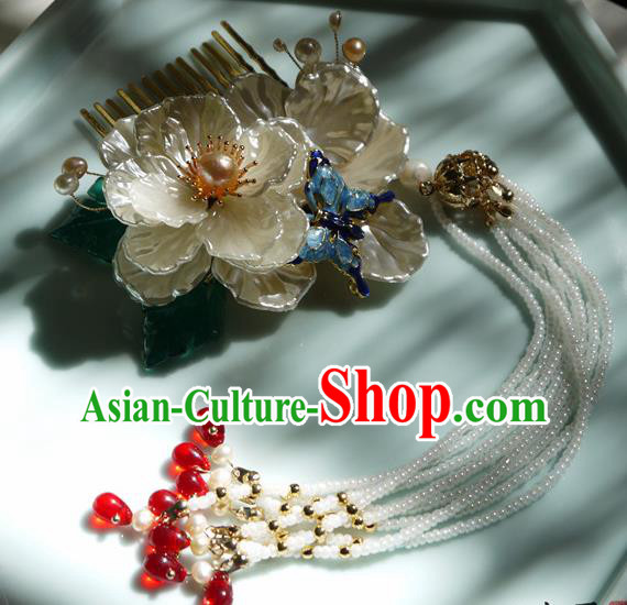 China Handmade Ancient Princess Beads Tassel Hair Comb Traditional Ming Dynasty Shell Gardenia Hairpin