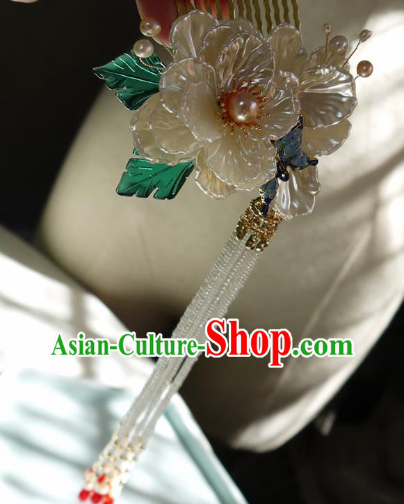 China Handmade Ancient Princess Beads Tassel Hair Comb Traditional Ming Dynasty Shell Gardenia Hairpin