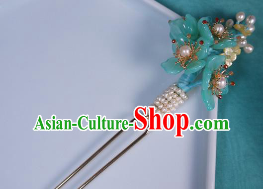 China Handmade Ancient Princess Green Plum Hair Stick Traditional Ming Dynasty Pearls Hairpin