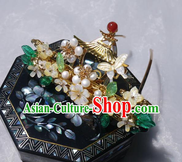 China Traditional Ming Dynasty Pearls Hairpin Handmade Ancient Princess Shell Hair Crown