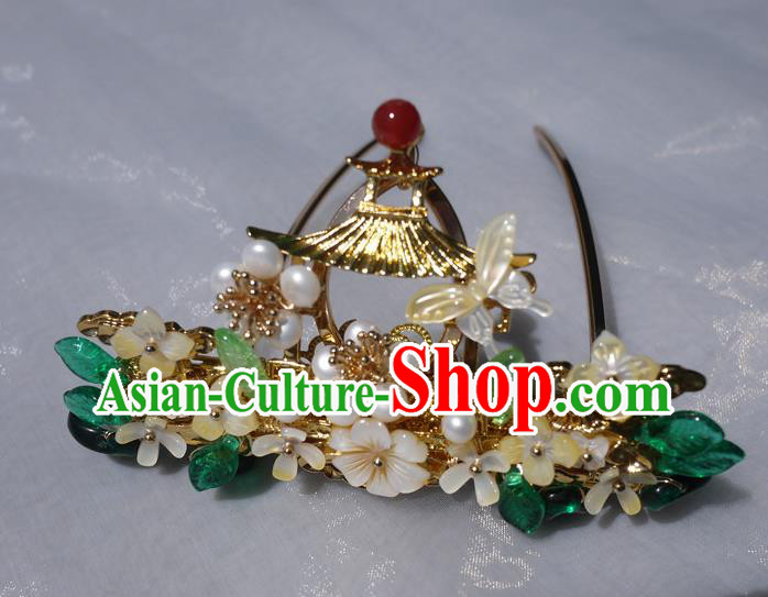 China Traditional Ming Dynasty Pearls Hairpin Handmade Ancient Princess Shell Hair Crown