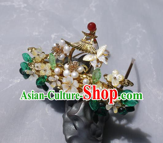 China Traditional Ming Dynasty Pearls Hairpin Handmade Ancient Princess Shell Hair Crown