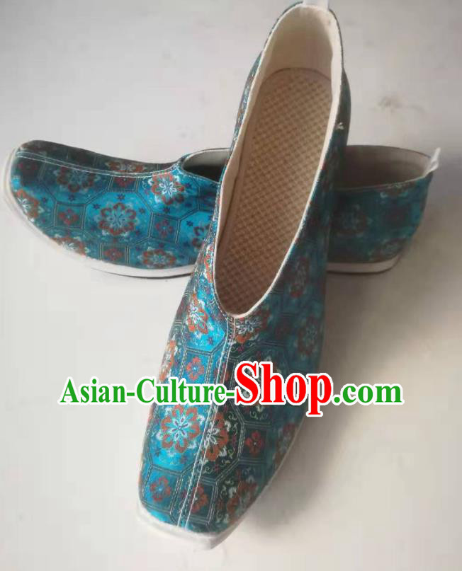 Chinese Traditional Ming Dynasty Strong Cloth Soles Shoes Ancient Scholar Blue Brocade Shoes for Men