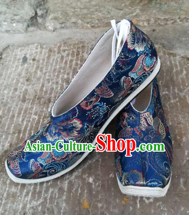Chinese Traditional Strong Cloth Soles Shoes Song Dynasty Scholar Shoes Ancient Noble Childe Royalblue Brocade Shoes