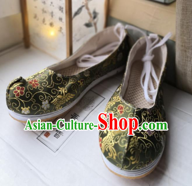 Chinese Ming Dynasty Scholar Shoes Traditional Strong Cloth Soles Shoes Ancient Noble Childe Olive Green Brocade Shoes