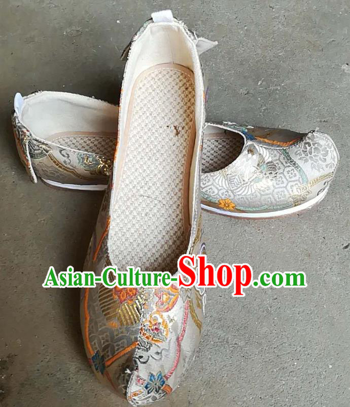 Chinese Ming Dynasty Prince Shoes Traditional Hanfu Shoes Ancient Scholar White Brocade Shoes