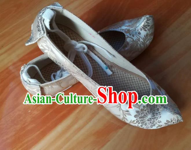 Chinese Ancient Scholar Light Blue Brocade Shoes Ming Dynasty Prince Shoes Traditional Hanfu Shoes