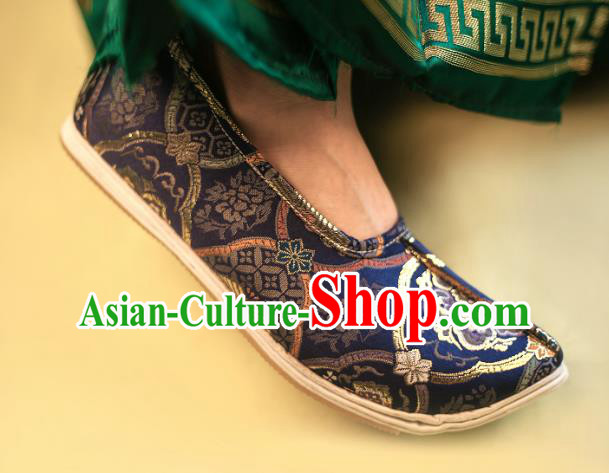 Chinese Handmade Navy Brocade Shoes Traditional Hanfu Shoes Ming Dynasty Noble Prince Shoes