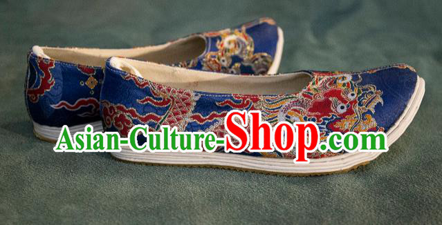 Chinese Traditional Blue Brocade Shoes Hanfu Shoes Ancient Ming Dynasty Shoes for Men