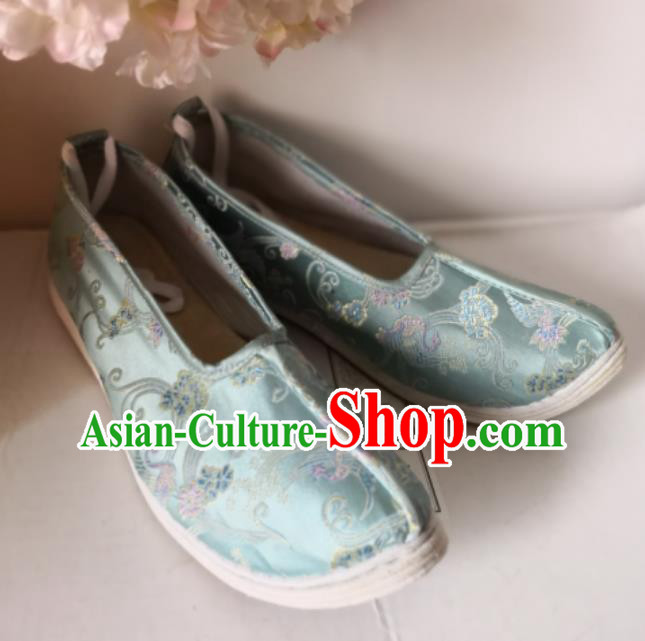 Chinese Traditional Light Blue Hanfu Shoes Wedding Shoes Handmade Classical Peony Pattern Brocade Shoes