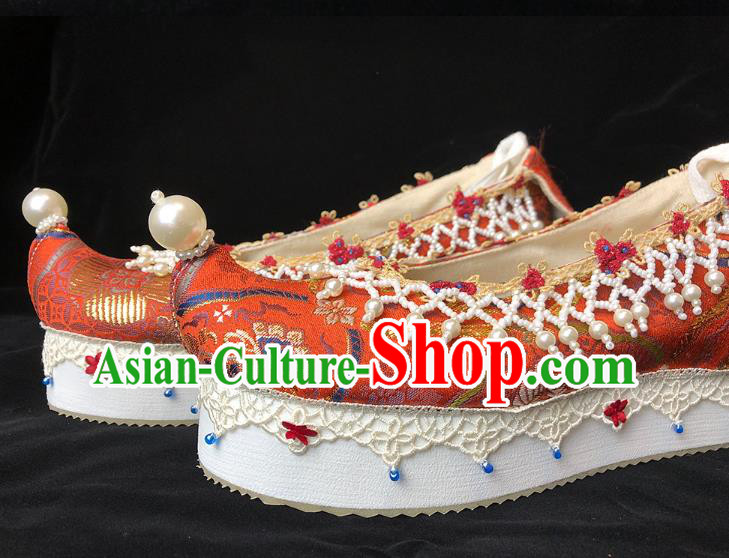 China Classical Red Brocade Shoes Ancient Princess Pearls Shoes Traditional Ming Dynasty Wedding Hanfu Shoes
