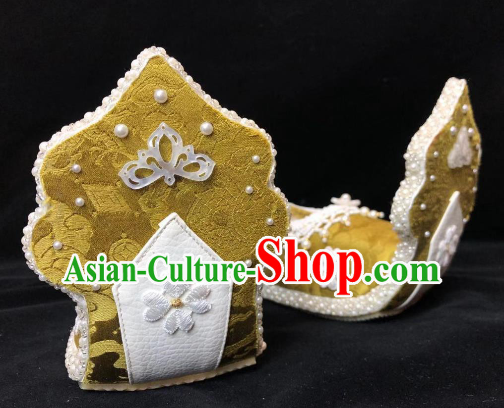 China Traditional Tang Dynasty Wedding Hanfu Shoes Ancient Princess Pearls Shoes Classical Ginger Shoes