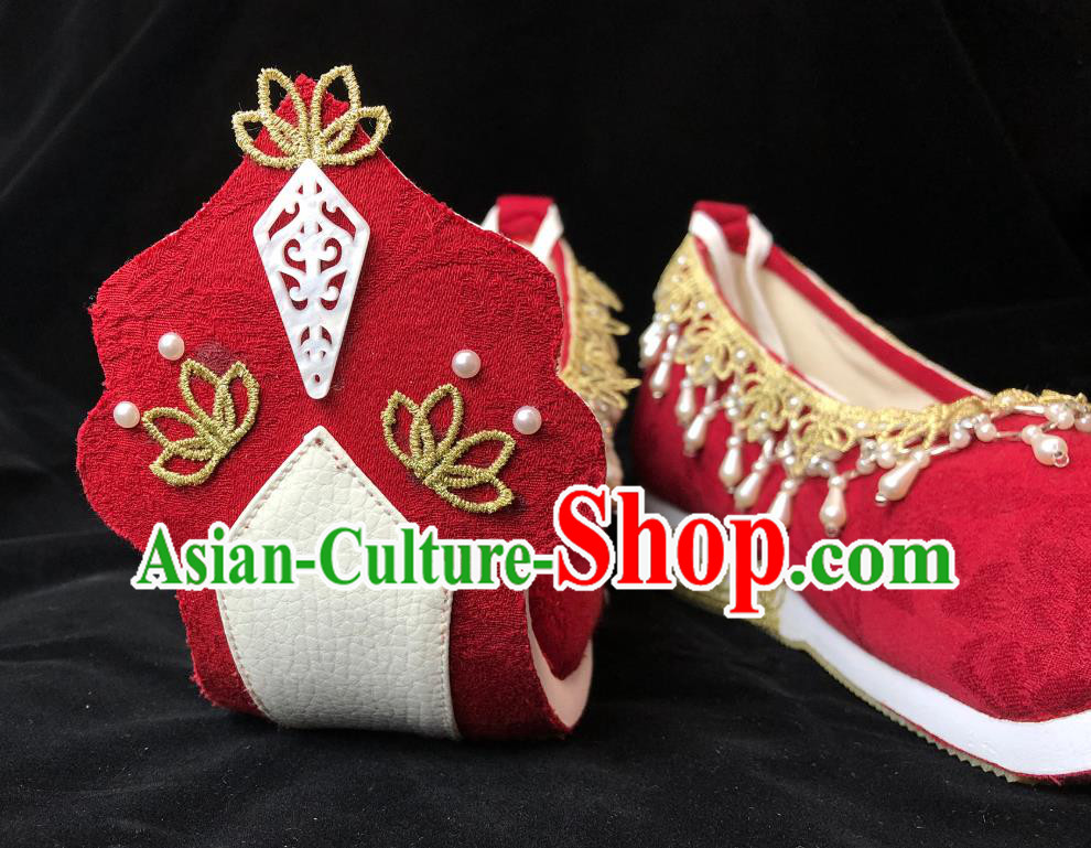 China Ancient Princess Pearls Shoes Classical Wedding Red Cloth Shoes Traditional Tang Dynasty Hanfu Shoes