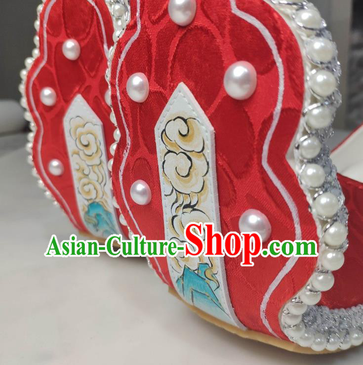 China Traditional Tang Dynasty Princess Shoes Classical Red Brocade Shoes Hanfu Pearls Shoes