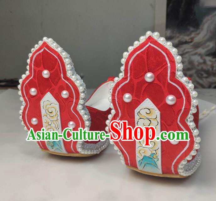 China Traditional Tang Dynasty Princess Shoes Classical Red Brocade Shoes Hanfu Pearls Shoes