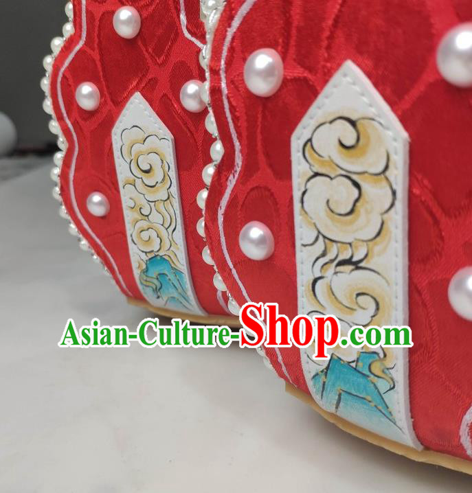 China Traditional Tang Dynasty Princess Shoes Classical Red Brocade Shoes Hanfu Pearls Shoes