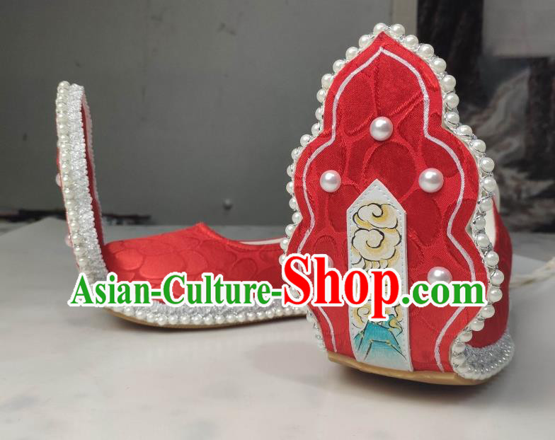 China Traditional Tang Dynasty Princess Shoes Classical Red Brocade Shoes Hanfu Pearls Shoes