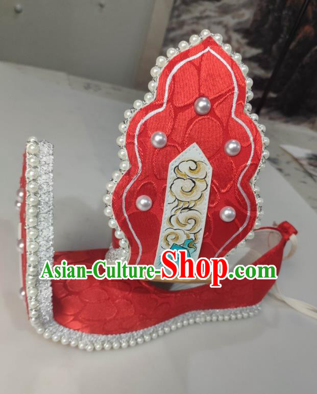 China Traditional Tang Dynasty Princess Shoes Classical Red Brocade Shoes Hanfu Pearls Shoes
