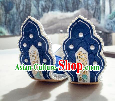 China Hanfu Pearls Shoes Traditional Song Dynasty Princess Shoes Classical Royalblue Brocade Shoes