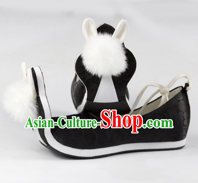 China Traditional Tang Dynasty Princess Shoes Classical Black Brocade Shoes Hanfu Venonat Rabbit Shoes