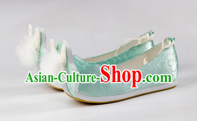 China Hanfu Venonat Rabbit Shoes Traditional Tang Dynasty Princess Shoes Classical Light Green Brocade Shoes
