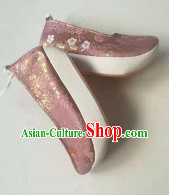 China Traditional Ming Dynasty Princess Shoes Satin Shoes Handmade Hanfu Shoes Pink Brocade Shoes