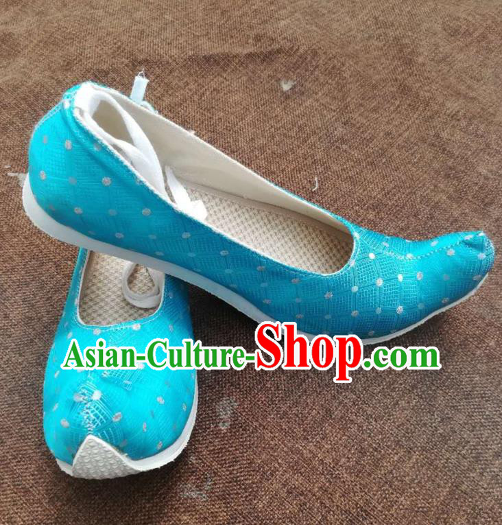 China Handmade Hanfu Shoes Traditional Tang Dynasty Princess Shoes Wedding Blue Satin Shoes