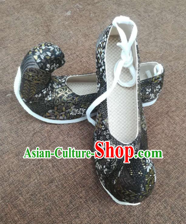 China Traditional Tang Dynasty Princess Shoes Wedding Black Satin Shoes Handmade Hanfu Shoes