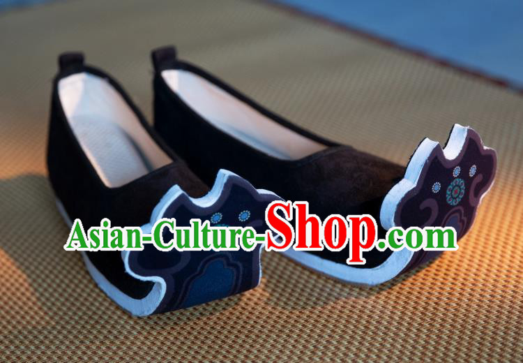 China Ancient Empress Black Cloth Shoes Traditional Tang Dynasty Princess Shoes Handmade Printing Hanfu Shoes
