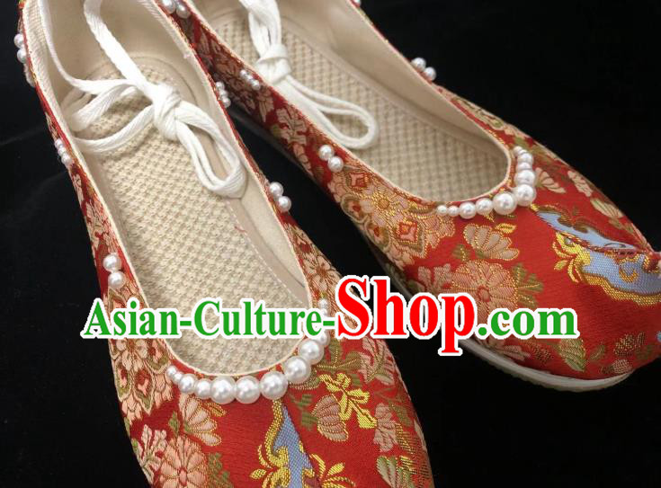 China Handmade Wedding Red Brocade Shoes Hanfu Shoes Traditional Ancient Ming Dynasty Princess Shoes