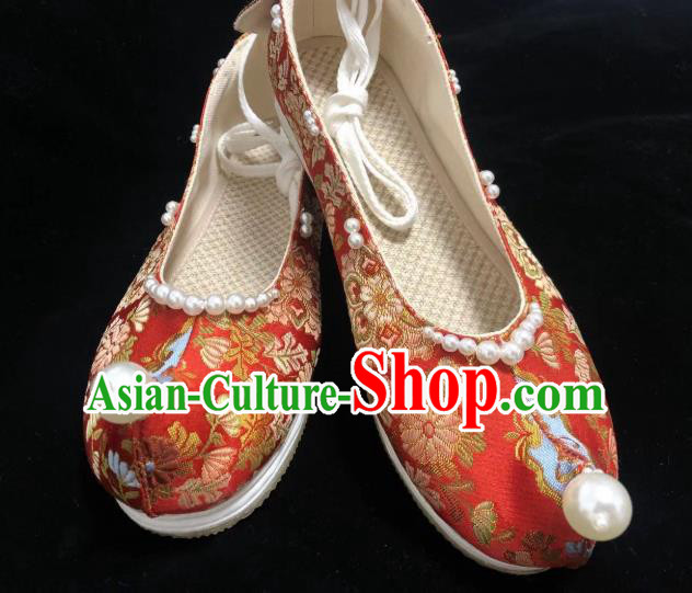 China Handmade Wedding Red Brocade Shoes Hanfu Shoes Traditional Ancient Ming Dynasty Princess Shoes