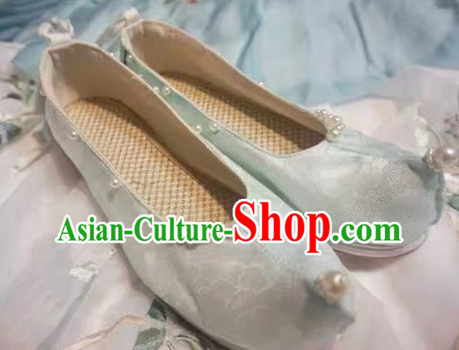 China Hanfu Pearls Shoes Traditional Ancient Ming Dynasty Princess Shoes Handmade Wedding Light Blue Brocade Shoes