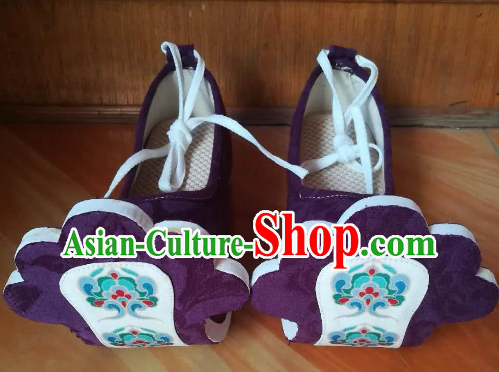 China Ancient Princess Lotus Shoes Traditional Tang Dynasty Hanfu Shoes Handmade Purple Cloth Shoes