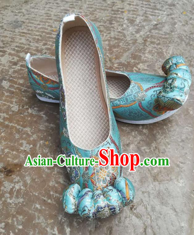 China Handmade Ancient Princess Satin Shoes Classical Blue Brocade Shoes Traditional Song Dynasty Hanfu Shoes