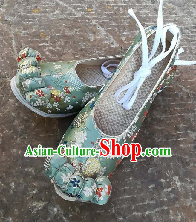 China Handmade Ancient Princess Shoes Green Satin Shoes Traditional Song Dynasty Wedding Brocade Shoes