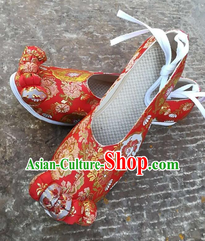 China Traditional Song Dynasty Wedding Brocade Shoes Handmade Ancient Princess Shoes Red Satin Shoes