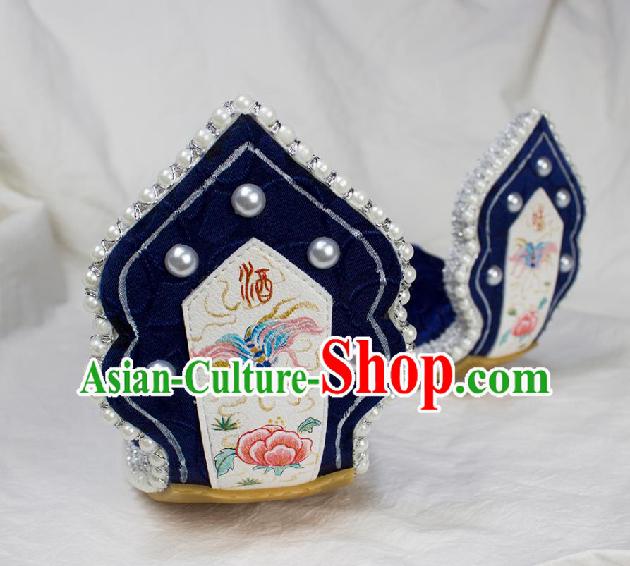 China Hanfu Printing Butterfly Peony Shoes Traditional Tang Dynasty Princess Royalblue Shoes Classical Pearls Shoes