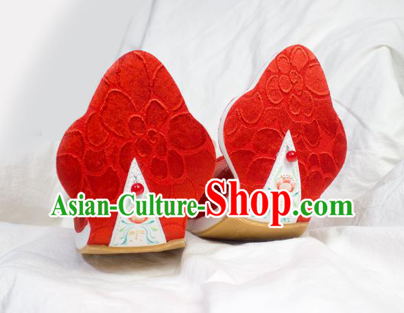 China Classical Red Brocade Shoes Traditional Tang Dynasty Princess Shoes Hanfu Hand Painting Peony Shoes