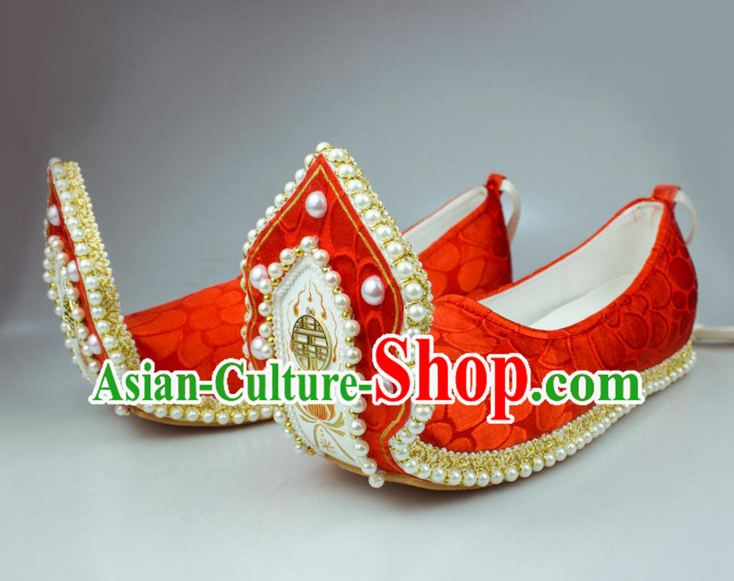 China Classical Wedding Pearls Shoes Red Brocade Hanfu Shoes Traditional Song Dynasty Princess Shoes