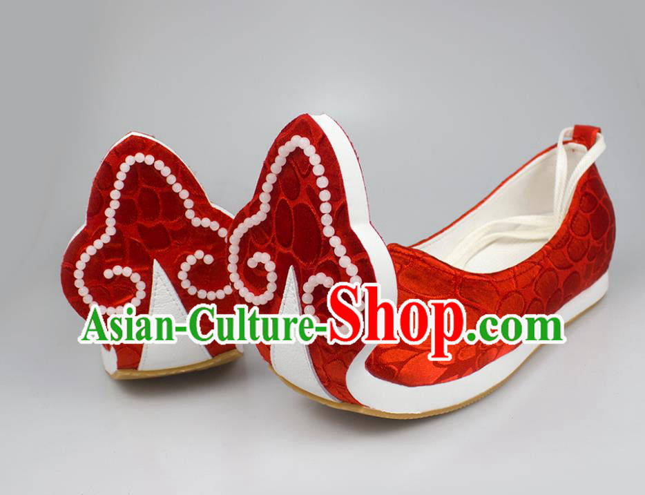 China Traditional Tang Dynasty Princess Shoes Classical Wedding Red Brocade Shoes Hanfu Beads Shoes